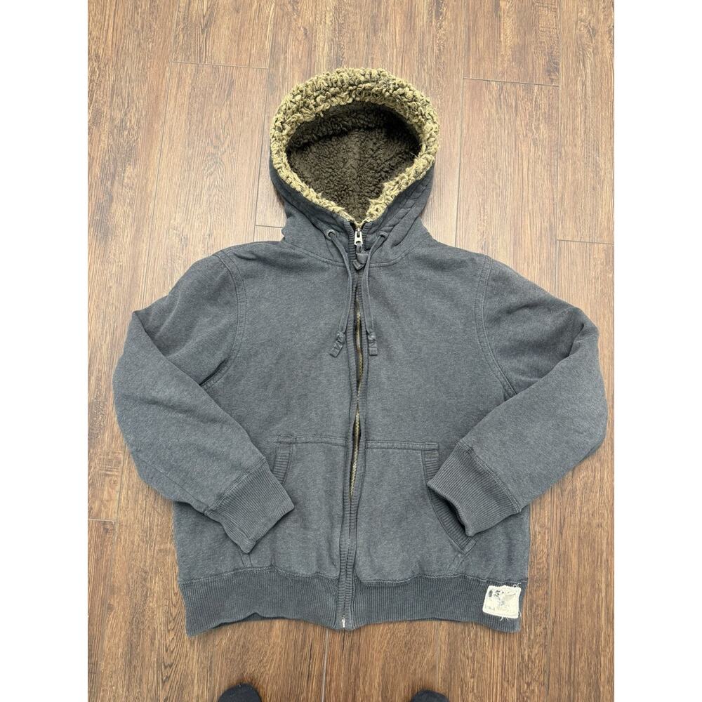 American Eagle Hoodie Mens Large Gray Sherpa Lined Faux Fur Full Zip Heavy Y2K